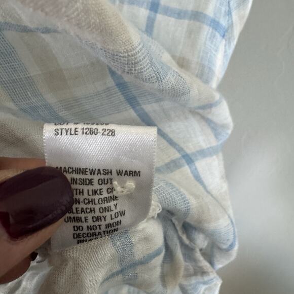CP Shades 100% Linen Tunic Top 1/4 Button Up Plaid Blue White Cream Womans Sz M - Picture 5 of 6